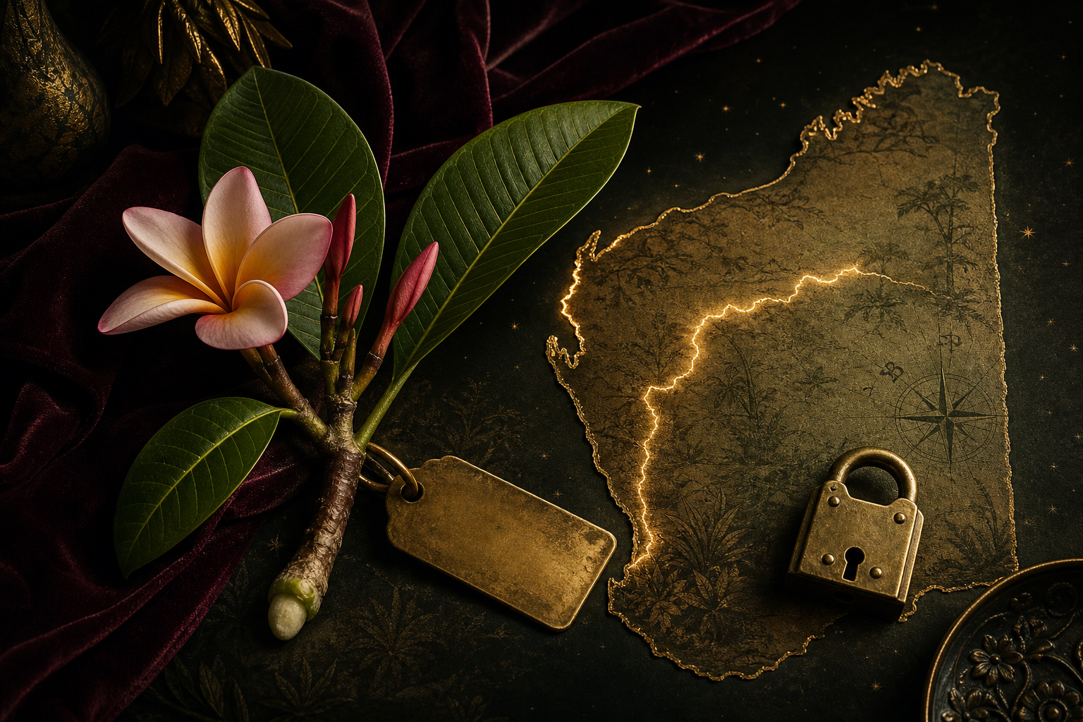 Decorative Western Australia movement rules map with frangipani cutting, glowing boundary line and padlock