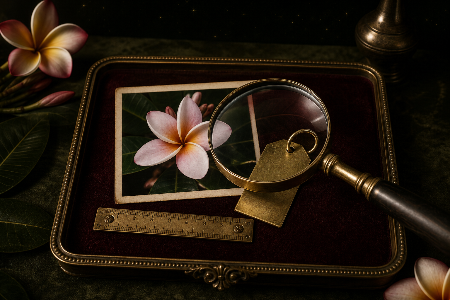 A velvet-lined inspection tray with a frangipani photo, brass plant tag, measuring ruler and magnifying glass