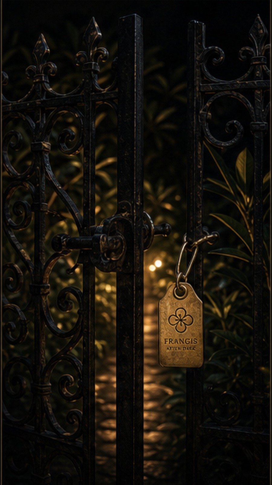 A dark wrought-iron garden gate with warm light beyond and a hanging Frangis tag