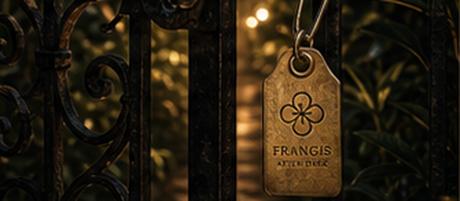 A locked garden gate with frangipani foliage and a hanging tag