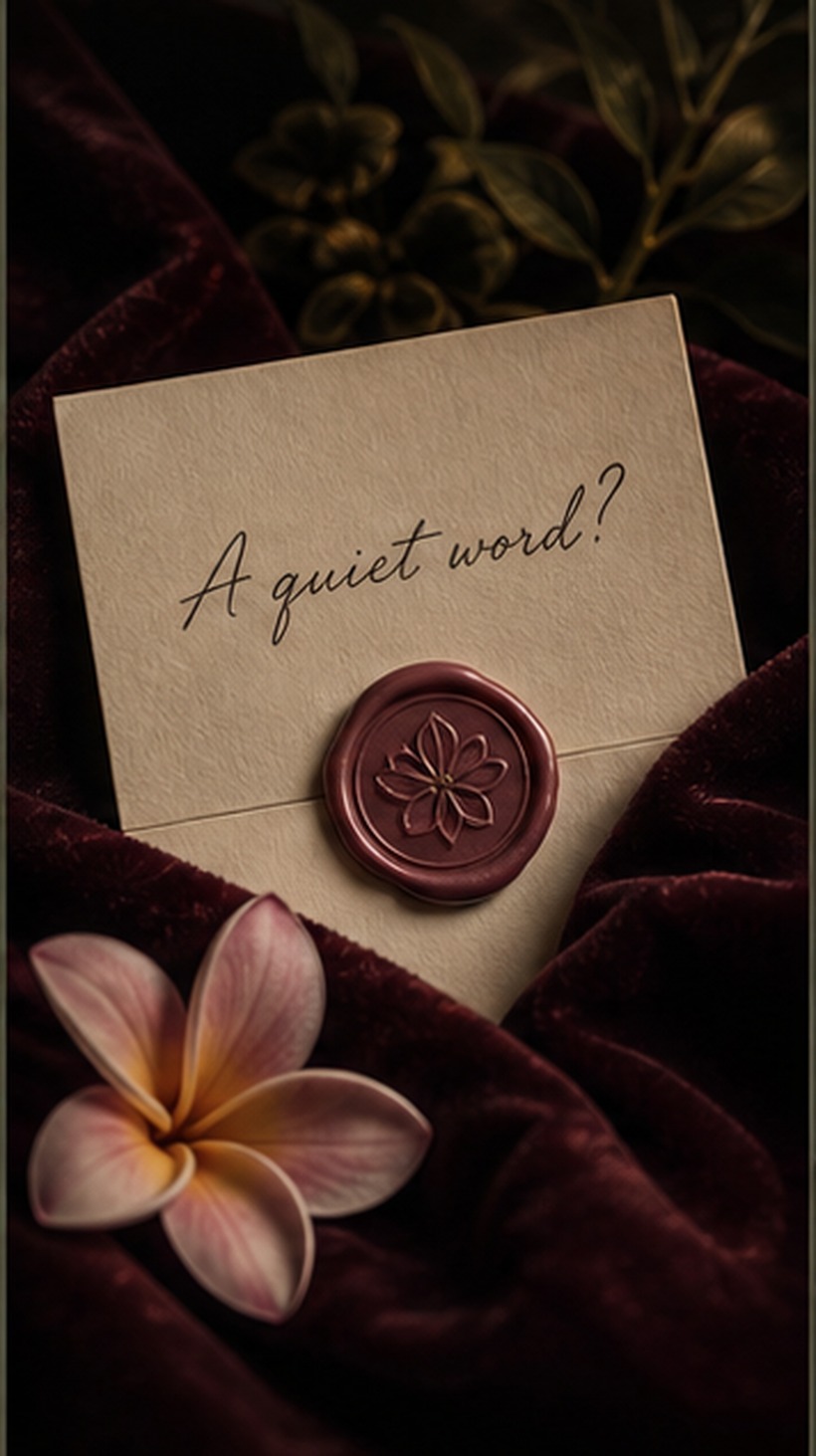 A sealed note reading A quiet word beside a frangipani flower on burgundy velvet